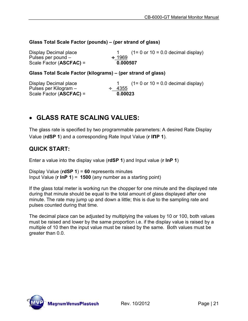 Glass rate scaling values | Magnum Venus Plastech CB-6000-GT Glass Monitor User Manual | Page 21 / 37