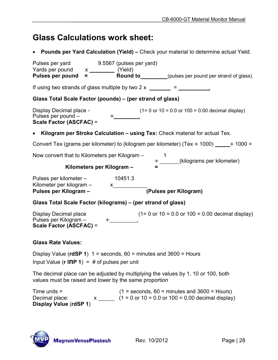 Glass calculations work sheet | Magnum Venus Plastech CB-6000-GT Glass Monitor User Manual | Page 28 / 37