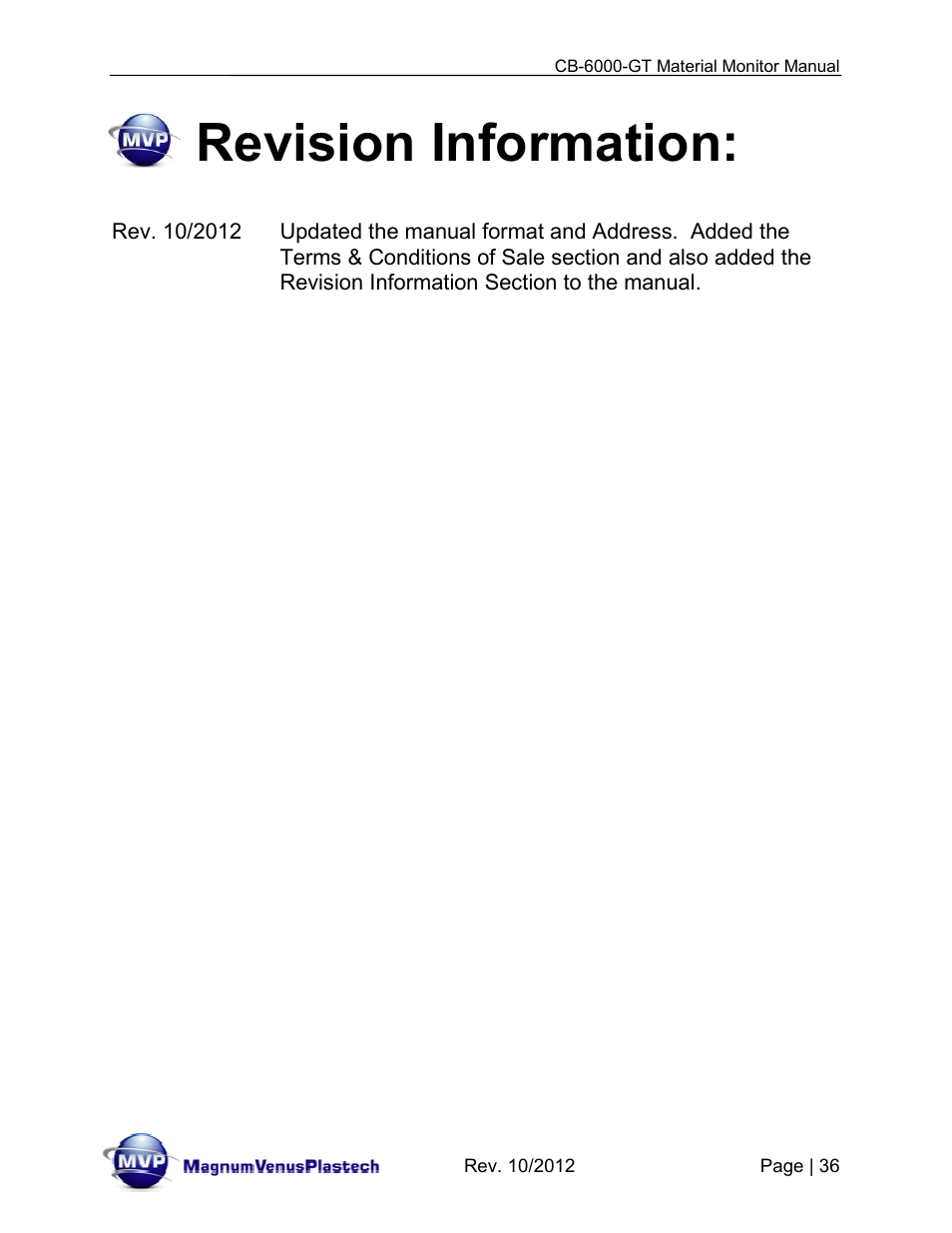 Revision information | Magnum Venus Plastech CB-6000-GT Glass Monitor User Manual | Page 36 / 37