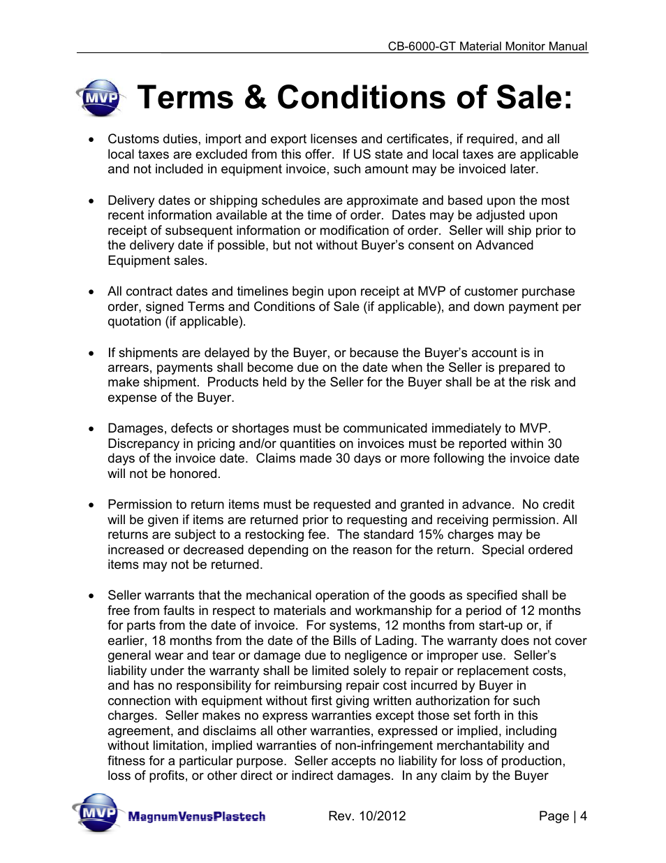 Terms & conditions of sale | Magnum Venus Plastech CB-6000-GT Glass Monitor User Manual | Page 4 / 37