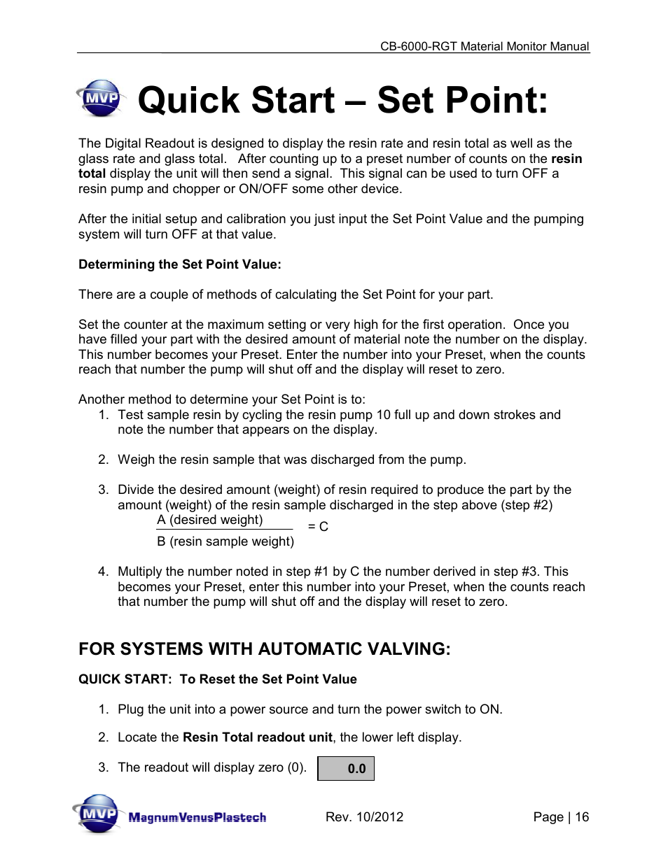 Quick start – set point, For systems with automatic valving | Magnum Venus Plastech CB-6000-RGT MATERIAL MONITOR User Manual | Page 16 / 56