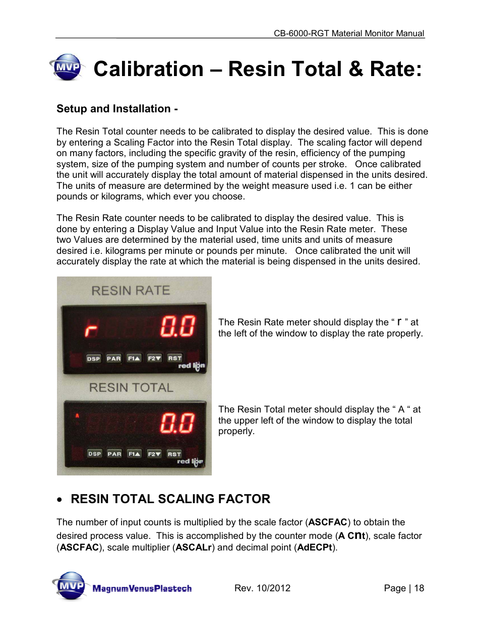 Calibration – resin total & rate, Resin total scaling factor | Magnum Venus Plastech CB-6000-RGT MATERIAL MONITOR User Manual | Page 18 / 56