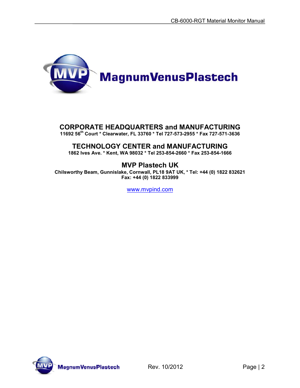Corporate headquarters and manufacturing, Technology center and manufacturing, Mvp plastech uk | Magnum Venus Plastech CB-6000-RGT MATERIAL MONITOR User Manual | Page 2 / 56