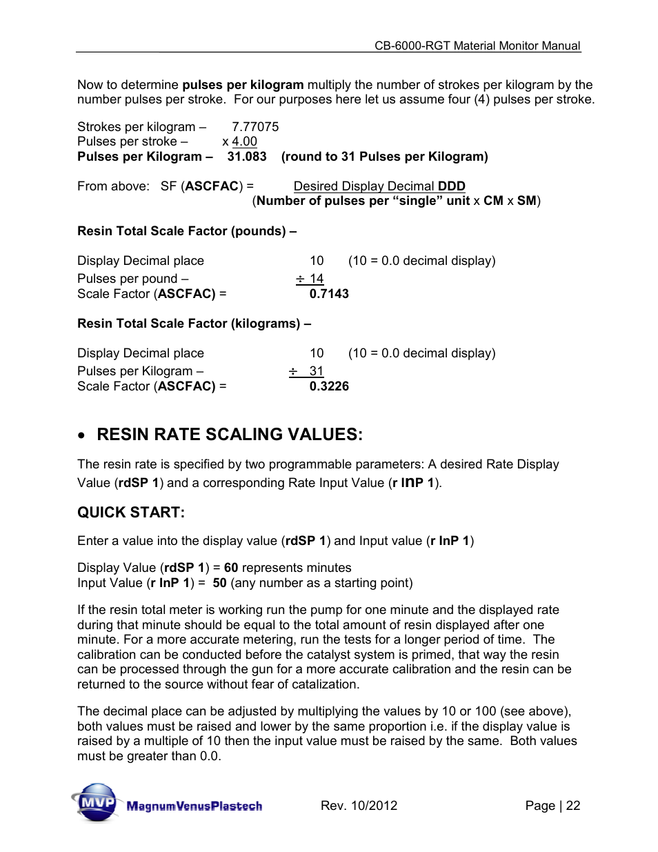 Resin rate scaling values | Magnum Venus Plastech CB-6000-RGT MATERIAL MONITOR User Manual | Page 22 / 56
