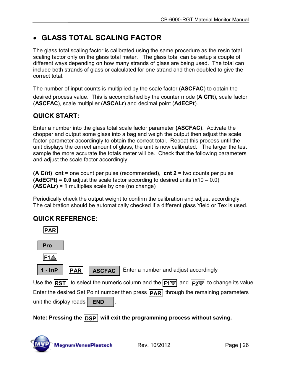 Glass total scaling factor | Magnum Venus Plastech CB-6000-RGT MATERIAL MONITOR User Manual | Page 26 / 56