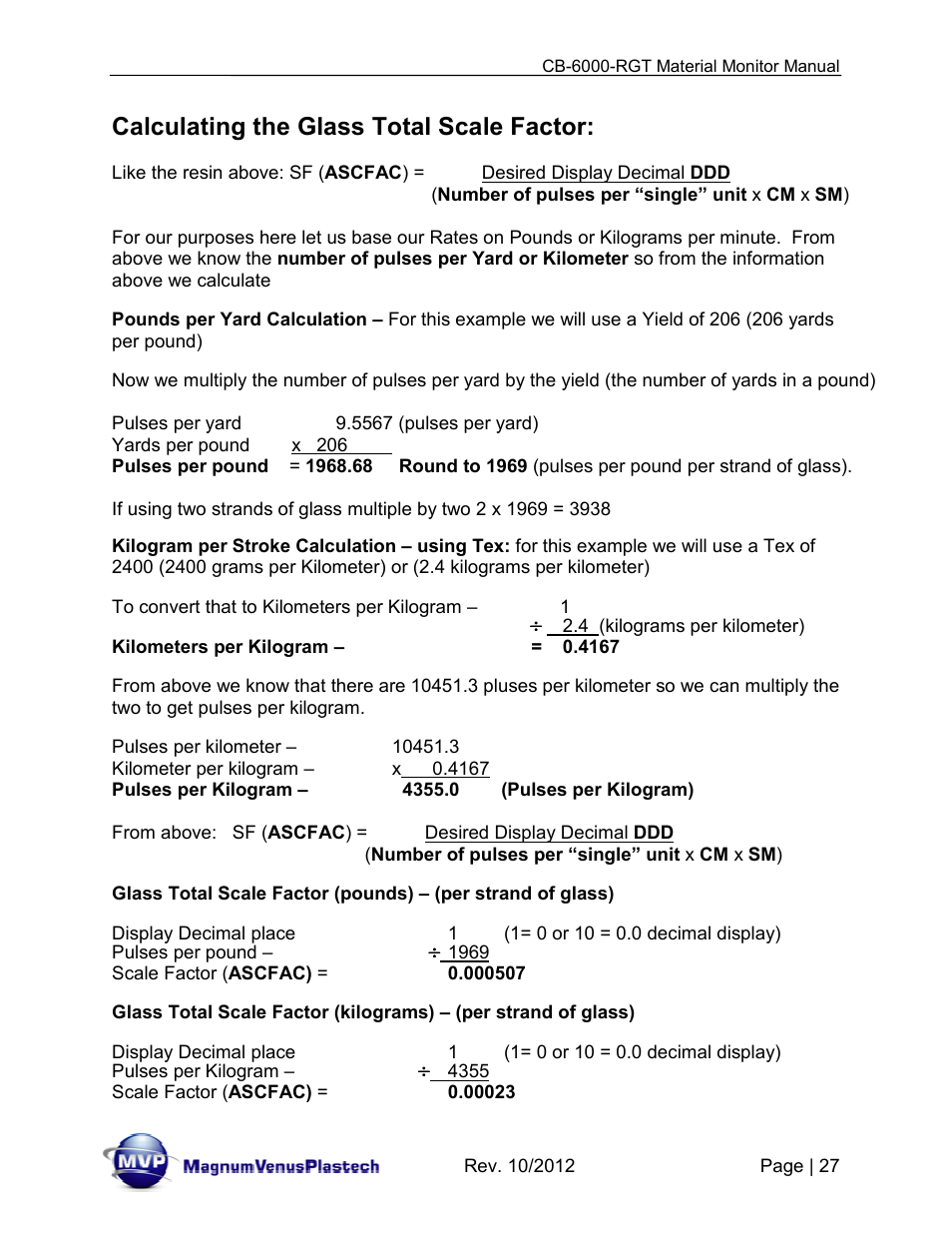 Calculating the glass total scale factor | Magnum Venus Plastech CB-6000-RGT MATERIAL MONITOR User Manual | Page 27 / 56