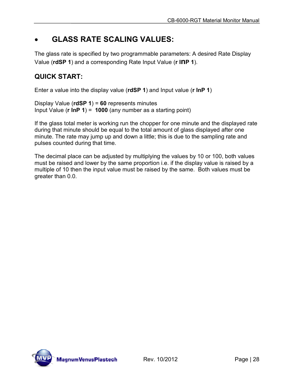 Glass rate scaling values | Magnum Venus Plastech CB-6000-RGT MATERIAL MONITOR User Manual | Page 28 / 56