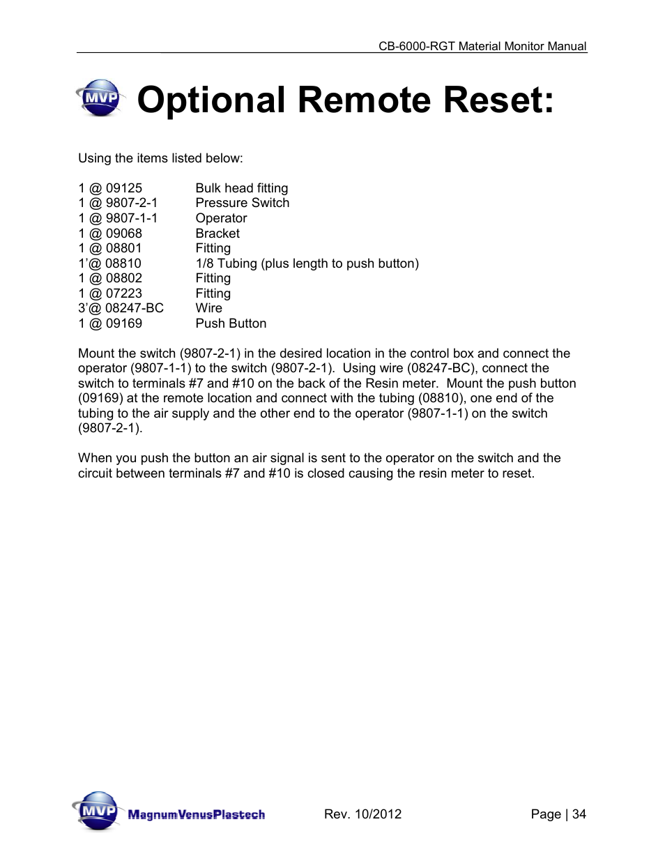 Optional remote reset | Magnum Venus Plastech CB-6000-RGT MATERIAL MONITOR User Manual | Page 34 / 56