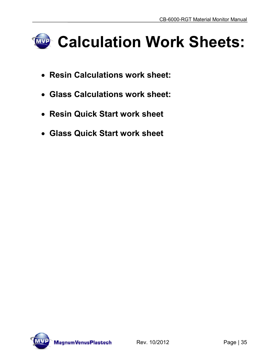 Calculation work sheets | Magnum Venus Plastech CB-6000-RGT MATERIAL MONITOR User Manual | Page 35 / 56