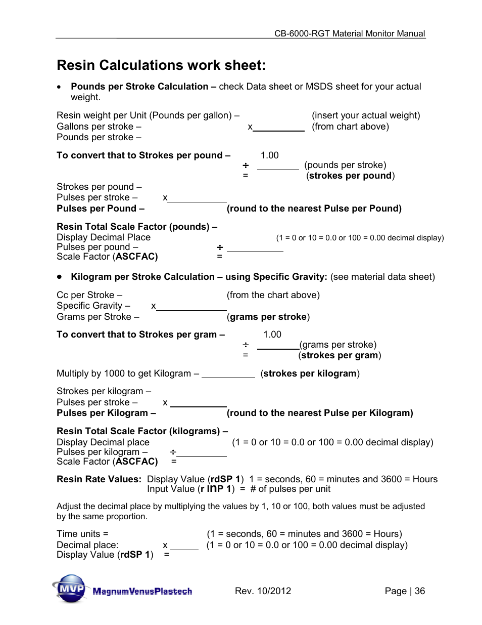 Resin calculations work sheet | Magnum Venus Plastech CB-6000-RGT MATERIAL MONITOR User Manual | Page 36 / 56