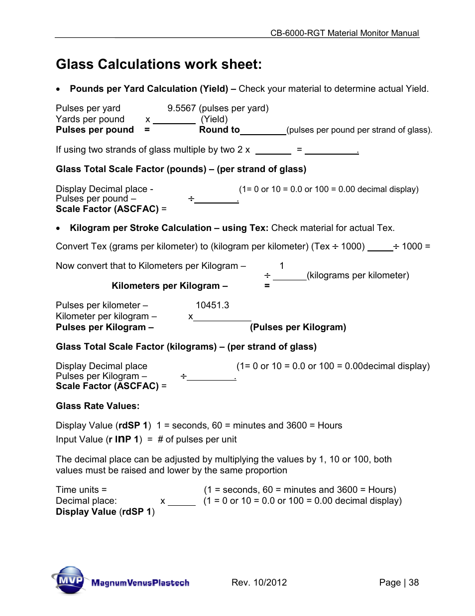 Glass calculations work sheet | Magnum Venus Plastech CB-6000-RGT MATERIAL MONITOR User Manual | Page 38 / 56
