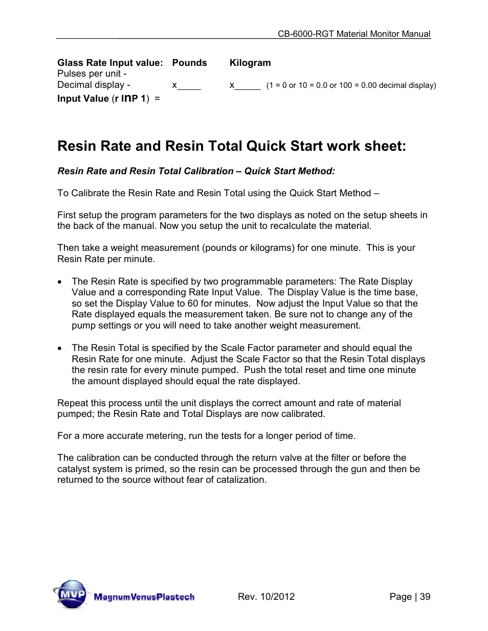 Resin rate and resin total quick start work sheet | Magnum Venus Plastech CB-6000-RGT MATERIAL MONITOR User Manual | Page 39 / 56