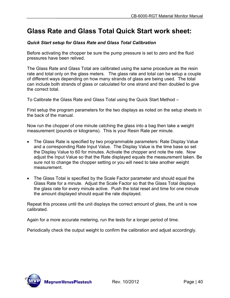 Glass rate and glass total quick start work sheet | Magnum Venus Plastech CB-6000-RGT MATERIAL MONITOR User Manual | Page 40 / 56