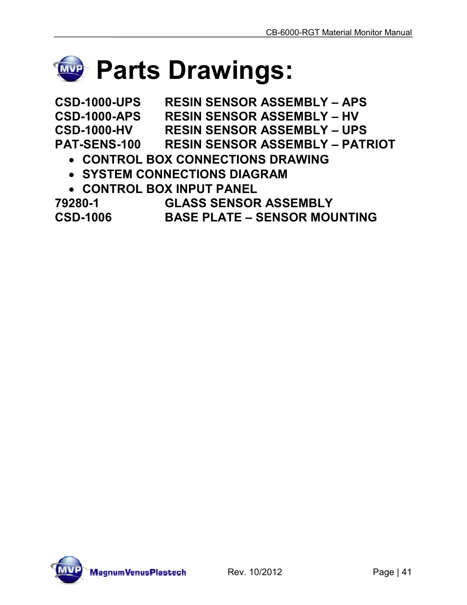 Parts drawings | Magnum Venus Plastech CB-6000-RGT MATERIAL MONITOR User Manual | Page 41 / 56