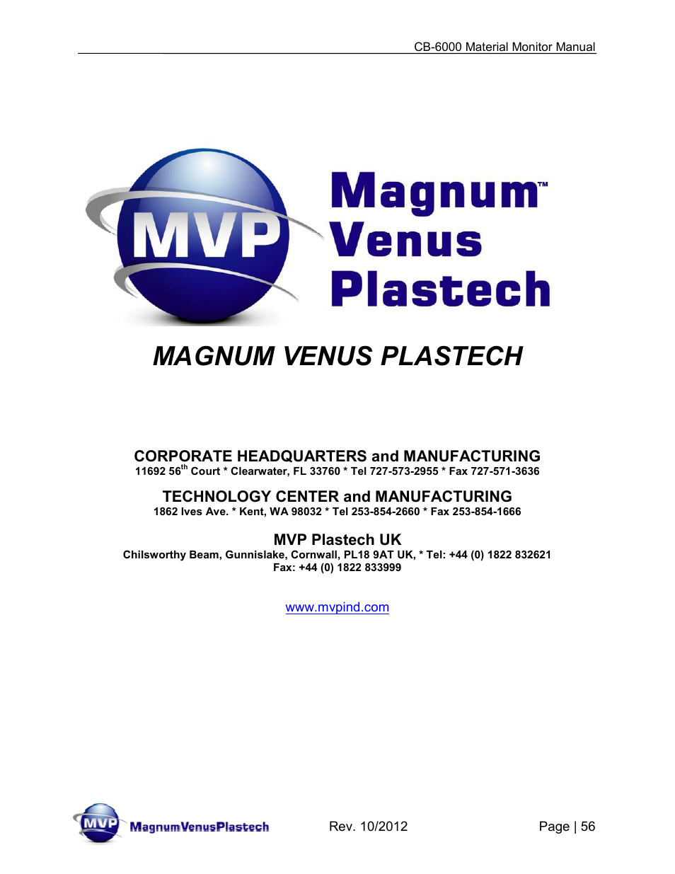 Magnum venus plastech | Magnum Venus Plastech CB-6000-RGT MATERIAL MONITOR User Manual | Page 56 / 56