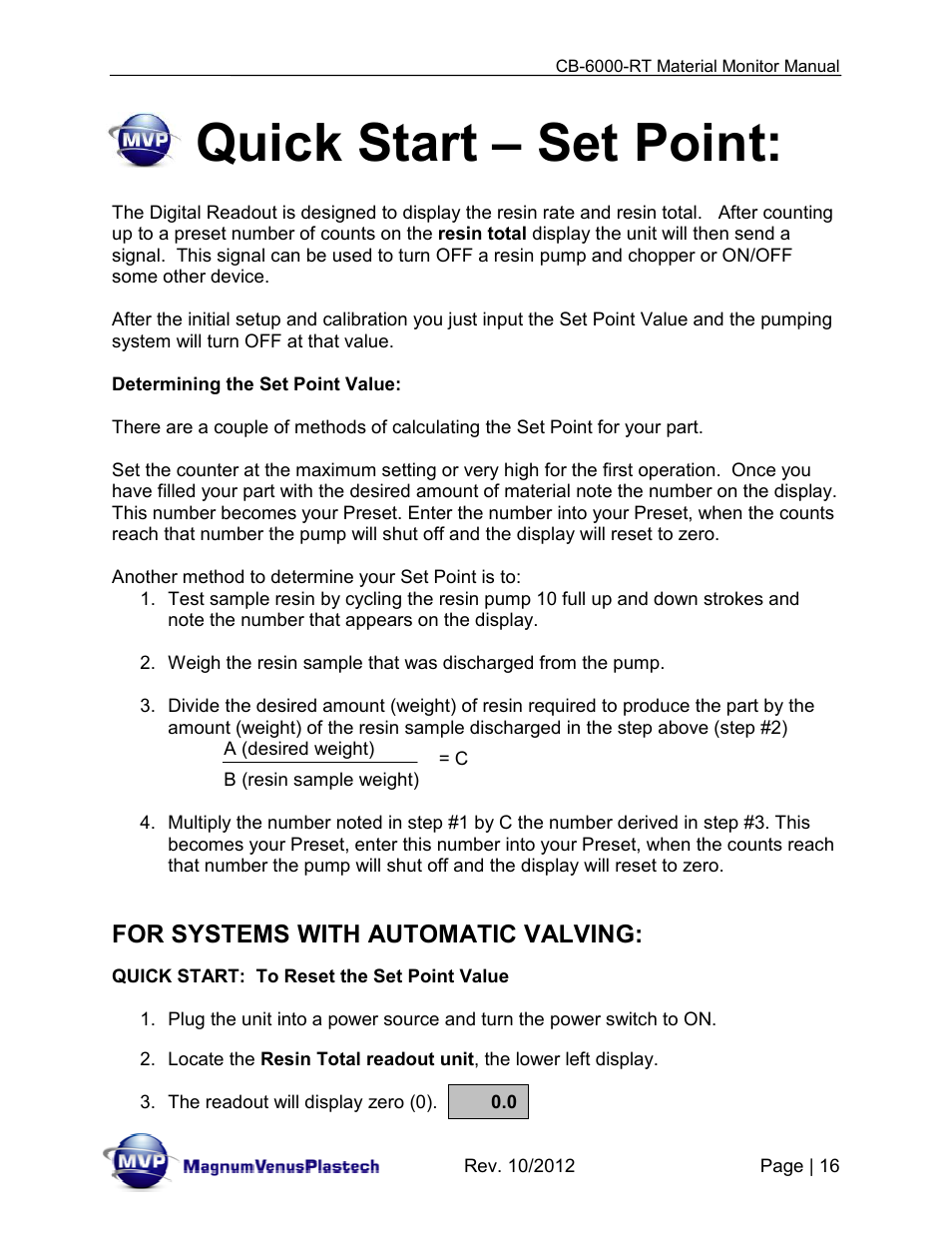 Quick start – set point, For systems with automatic valving | Magnum Venus Plastech CB-6000-RT - Resin Monitor User Manual | Page 16 / 44