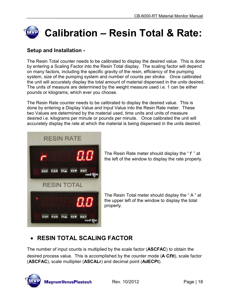 Calibration – resin total & rate, Resin total scaling factor | Magnum Venus Plastech CB-6000-RT - Resin Monitor User Manual | Page 18 / 44