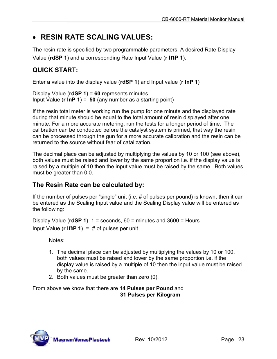 Resin rate scaling values | Magnum Venus Plastech CB-6000-RT - Resin Monitor User Manual | Page 23 / 44