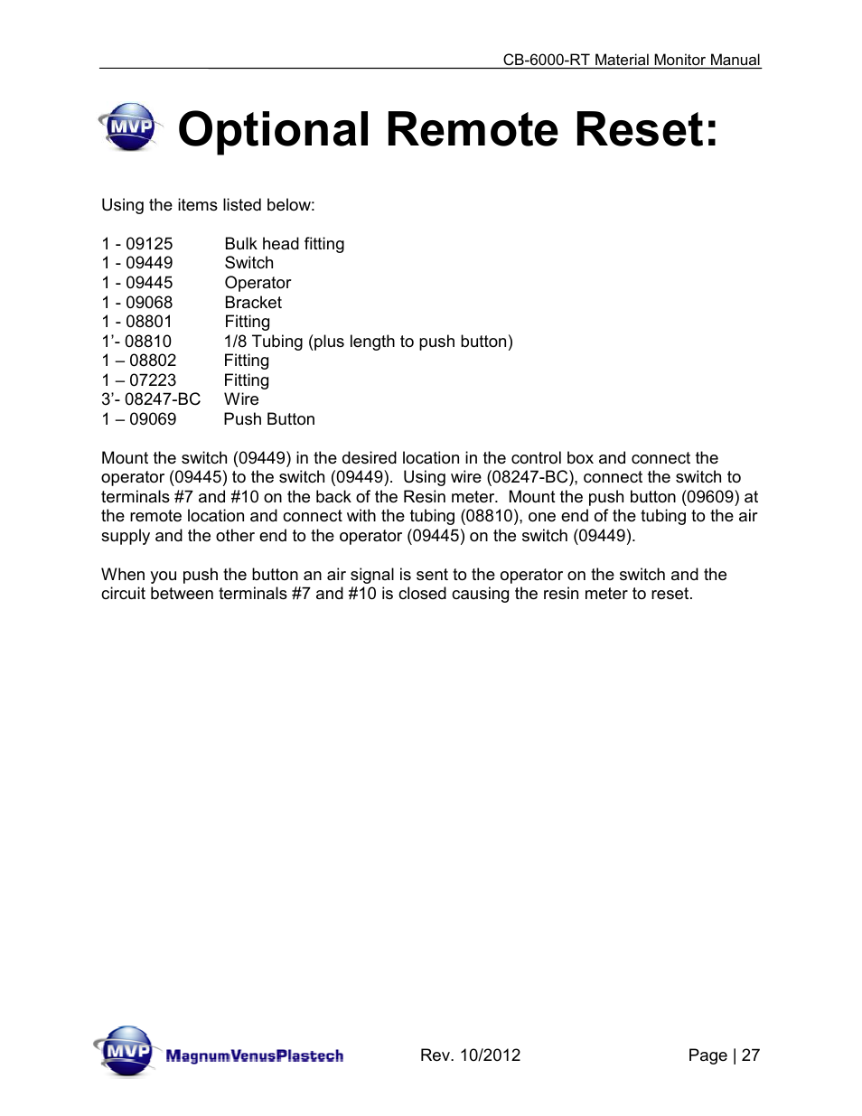 Optional remote reset | Magnum Venus Plastech CB-6000-RT - Resin Monitor User Manual | Page 27 / 44