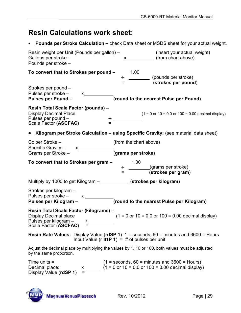 Resin calculations work sheet | Magnum Venus Plastech CB-6000-RT - Resin Monitor User Manual | Page 29 / 44