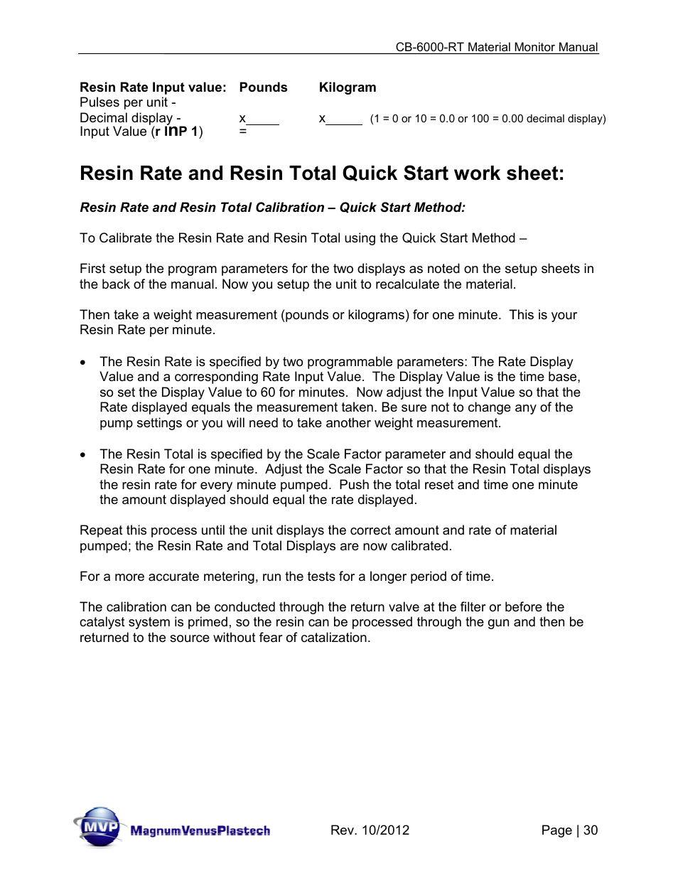 Resin rate and resin total quick start work sheet | Magnum Venus Plastech CB-6000-RT - Resin Monitor User Manual | Page 30 / 44