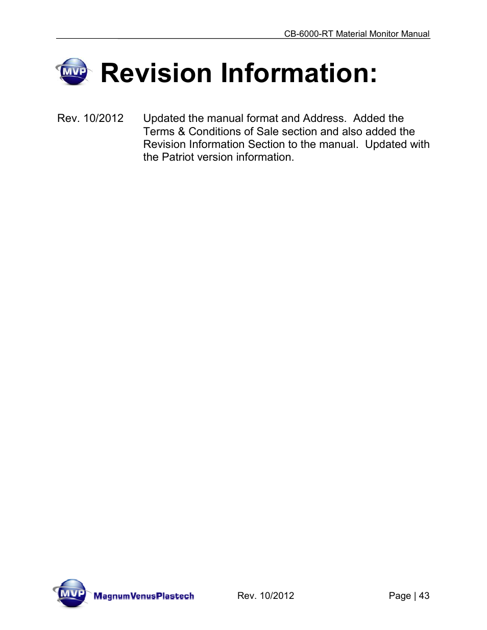 Revision information | Magnum Venus Plastech CB-6000-RT - Resin Monitor User Manual | Page 43 / 44