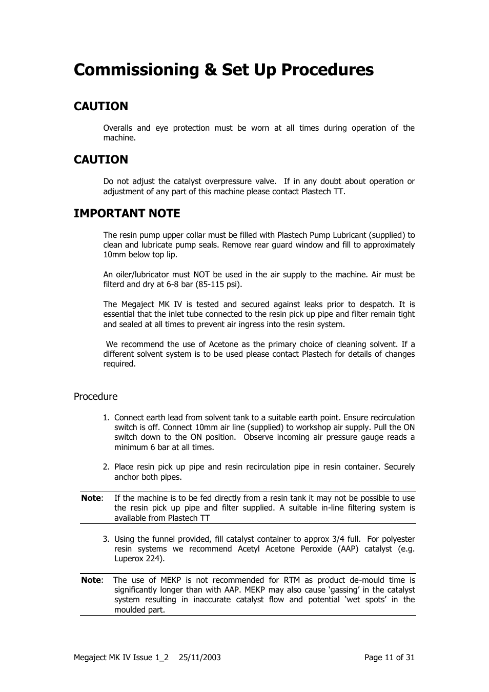 Commissioning & set up procedures, Caution | Magnum Venus Plastech Megaject MKIV Revision 1_2 User Manual | Page 11 / 31