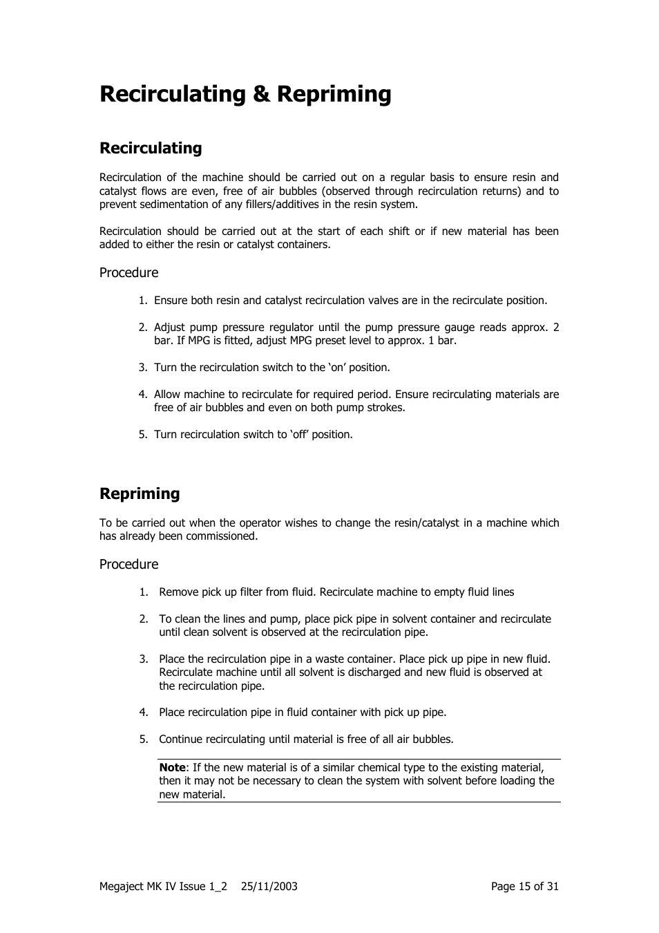 Recirculating & repriming, Recirculating, Repriming | Magnum Venus Plastech Megaject MKIV Revision 1_2 User Manual | Page 15 / 31