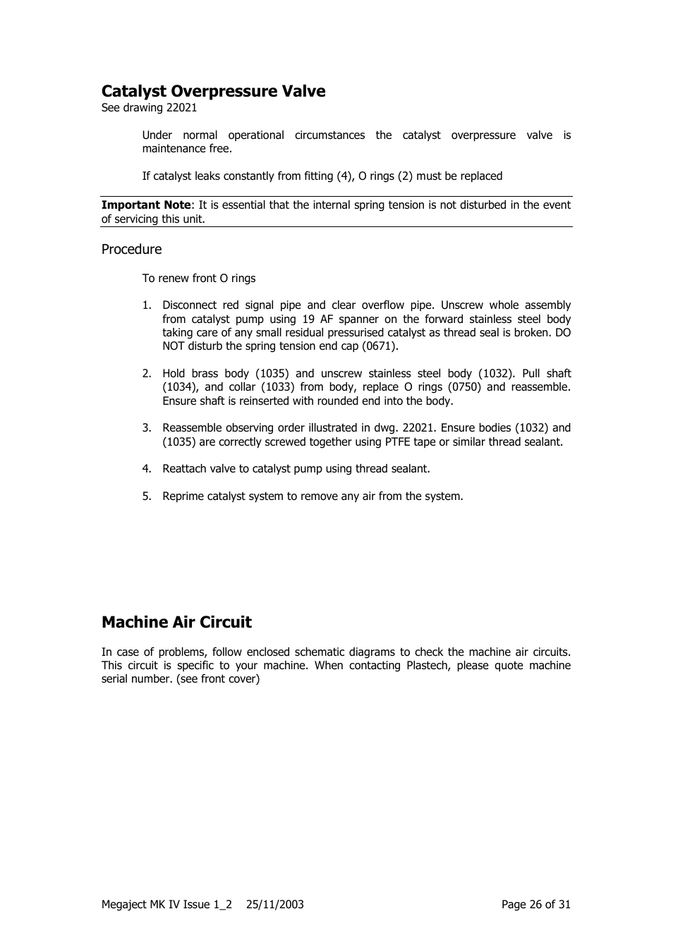 Catalyst overpressure valve, Machine air circuit | Magnum Venus Plastech Megaject MKIV Revision 1_2 User Manual | Page 26 / 31
