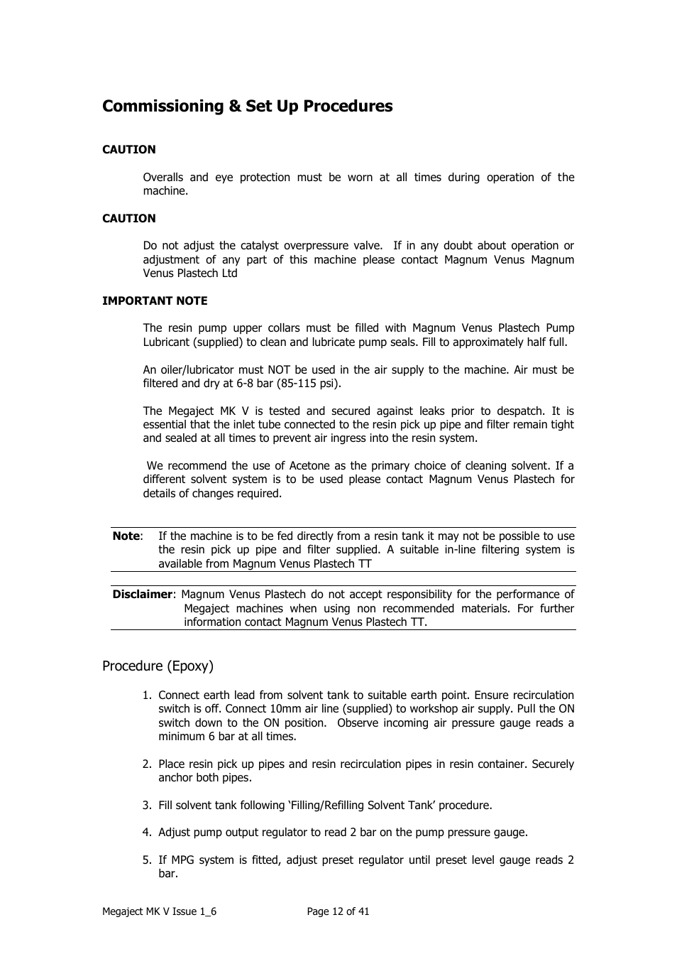 Commissioning & set up procedures, Procedure (epoxy) | Magnum Venus Plastech Megaject MKIV Revision 1_6 User Manual | Page 12 / 41