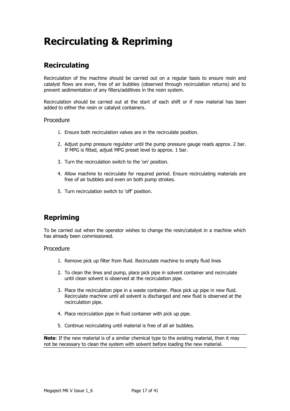 Recirculating & repriming, Recirculating, Repriming | Magnum Venus Plastech Megaject MKIV Revision 1_6 User Manual | Page 17 / 41