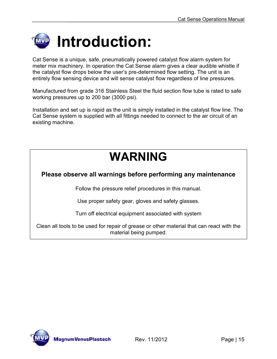 Introduction, Warning | Magnum Venus Plastech CTS-9000 CAT SENSE User Manual | Page 15 / 26