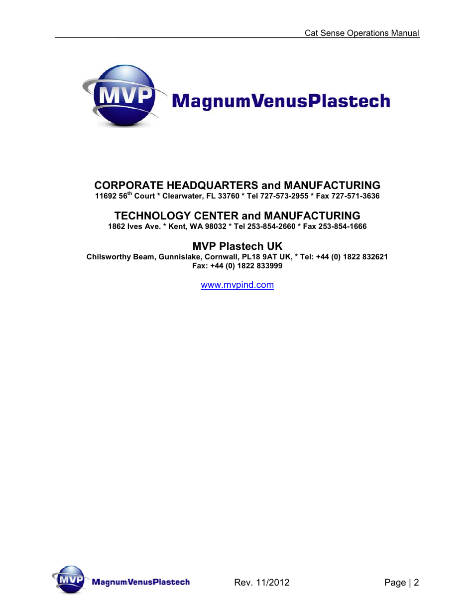 Corporate headquarters and manufacturing, Technology center and manufacturing, Mvp plastech uk | Magnum Venus Plastech CTS-9000 CAT SENSE User Manual | Page 2 / 26