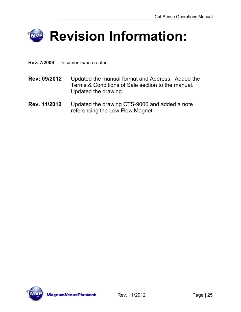 Revision information | Magnum Venus Plastech CTS-9000 CAT SENSE User Manual | Page 25 / 26