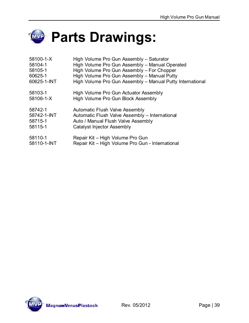 Parts drawings | Magnum Venus Plastech High Volume Pro Gun 60625-1 User Manual | Page 39 / 64