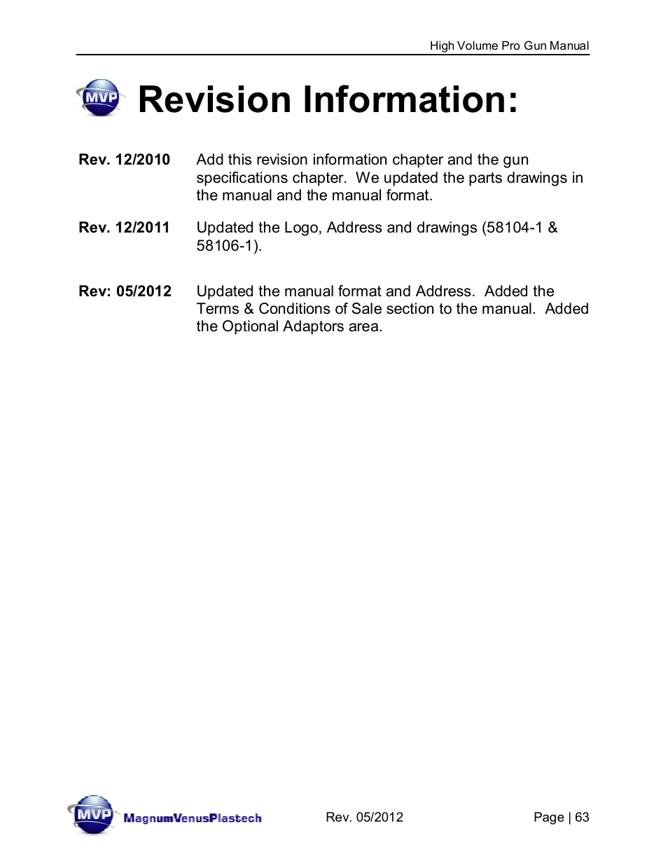 Revision information | Magnum Venus Plastech High Volume Pro Gun 60625-1 User Manual | Page 63 / 64