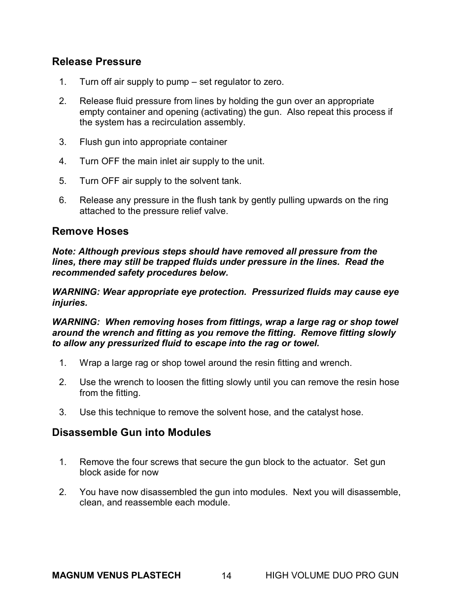 Release pressure, Remove hoses, Disassemble gun into modules | Magnum Venus Plastech High Duo Pro Gun User Manual | Page 14 / 52