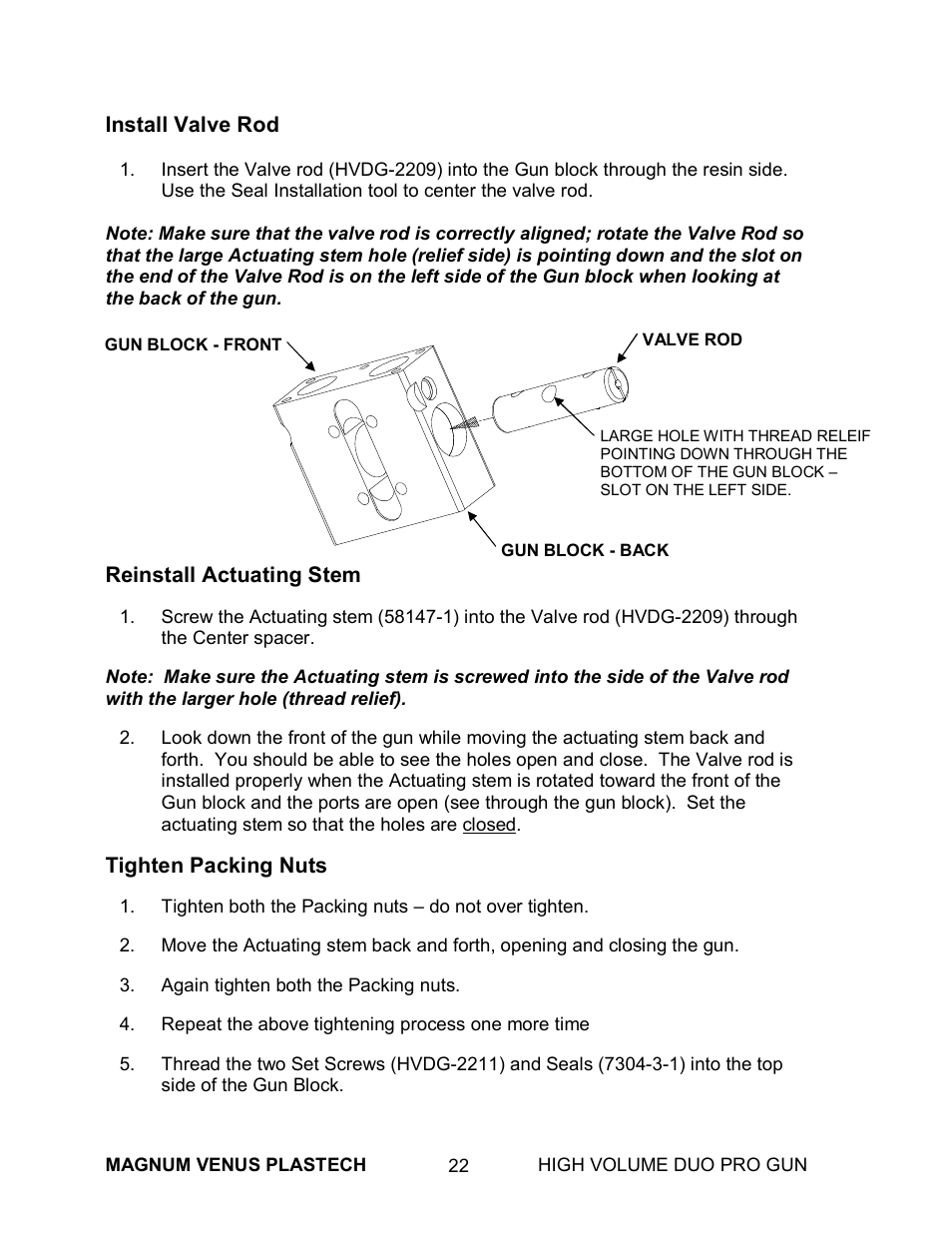 Install valve rod, Reinstall actuating stem, Tighten packing nuts | Magnum Venus Plastech High Duo Pro Gun User Manual | Page 22 / 52