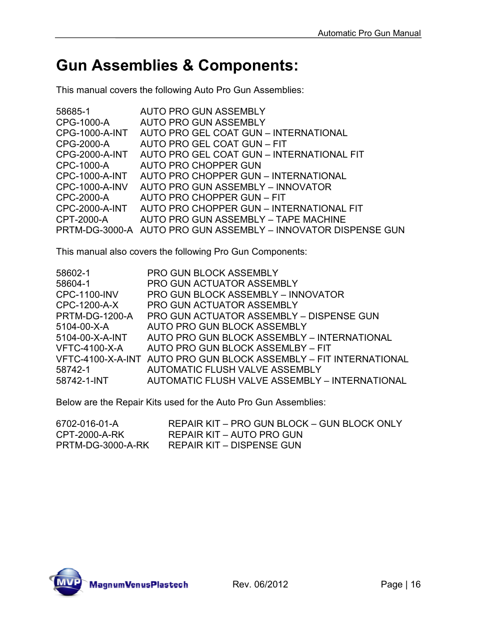 Gun assemblies & components | Magnum Venus Plastech Auto Pro Gun CPC_CPG_CPT_PRTM-DG User Manual | Page 16 / 85