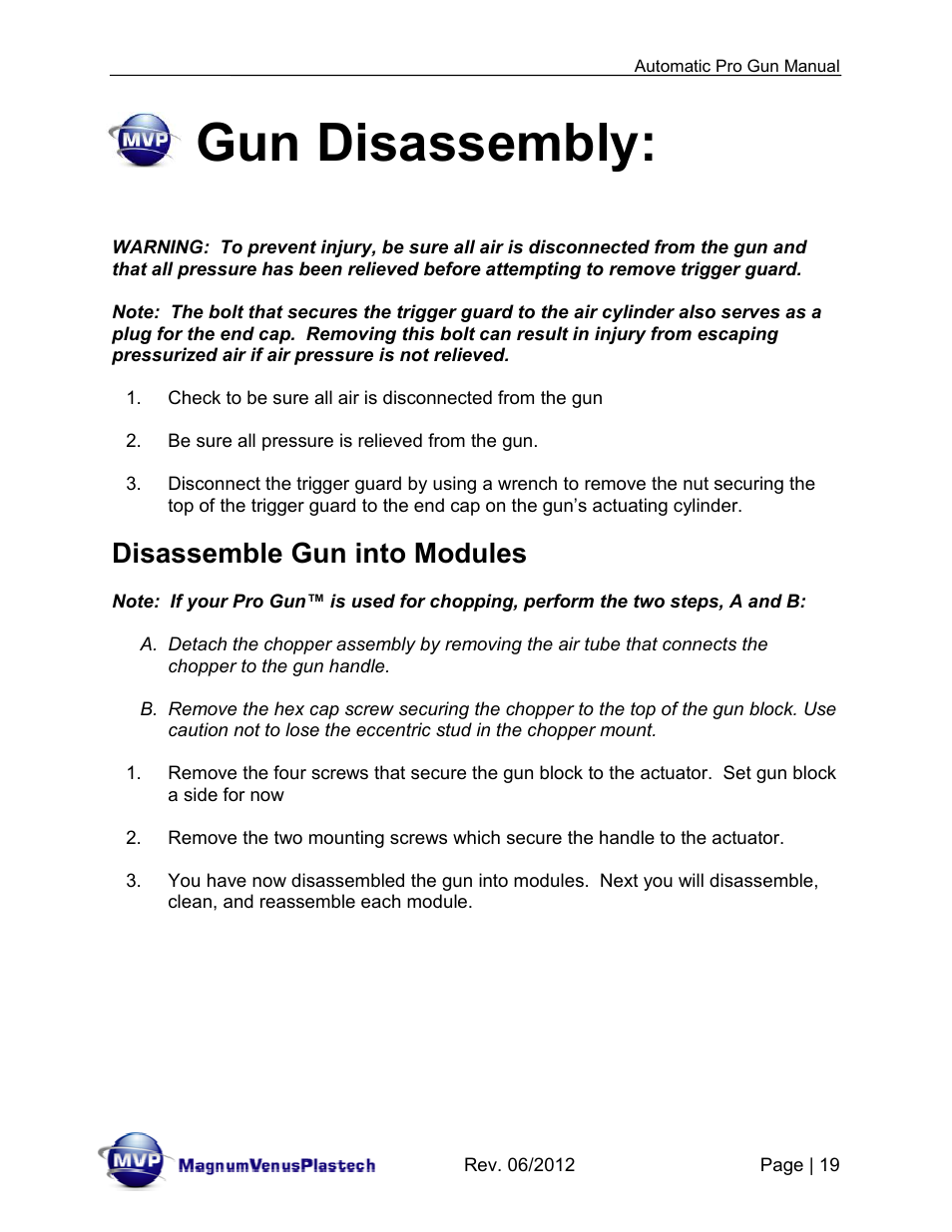 Gun disassembly, Disassemble gun into modules | Magnum Venus Plastech Auto Pro Gun CPC_CPG_CPT_PRTM-DG User Manual | Page 19 / 85