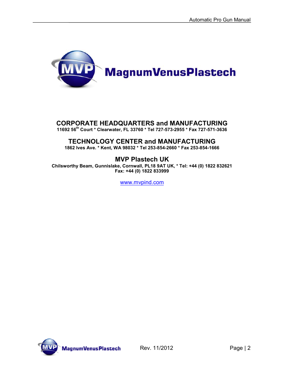 Corporate headquarters and manufacturing, Technology center and manufacturing, Mvp plastech uk | Magnum Venus Plastech Auto Pro Gun CPC_CPG_CPT_PRTM-DG User Manual | Page 2 / 85