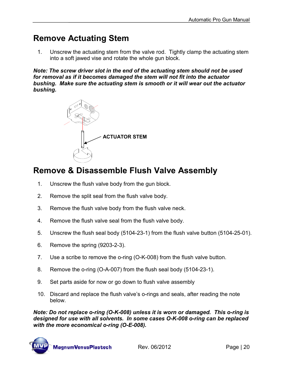 Remove actuating stem, Remove & disassemble flush valve assembly | Magnum Venus Plastech Auto Pro Gun CPC_CPG_CPT_PRTM-DG User Manual | Page 20 / 85