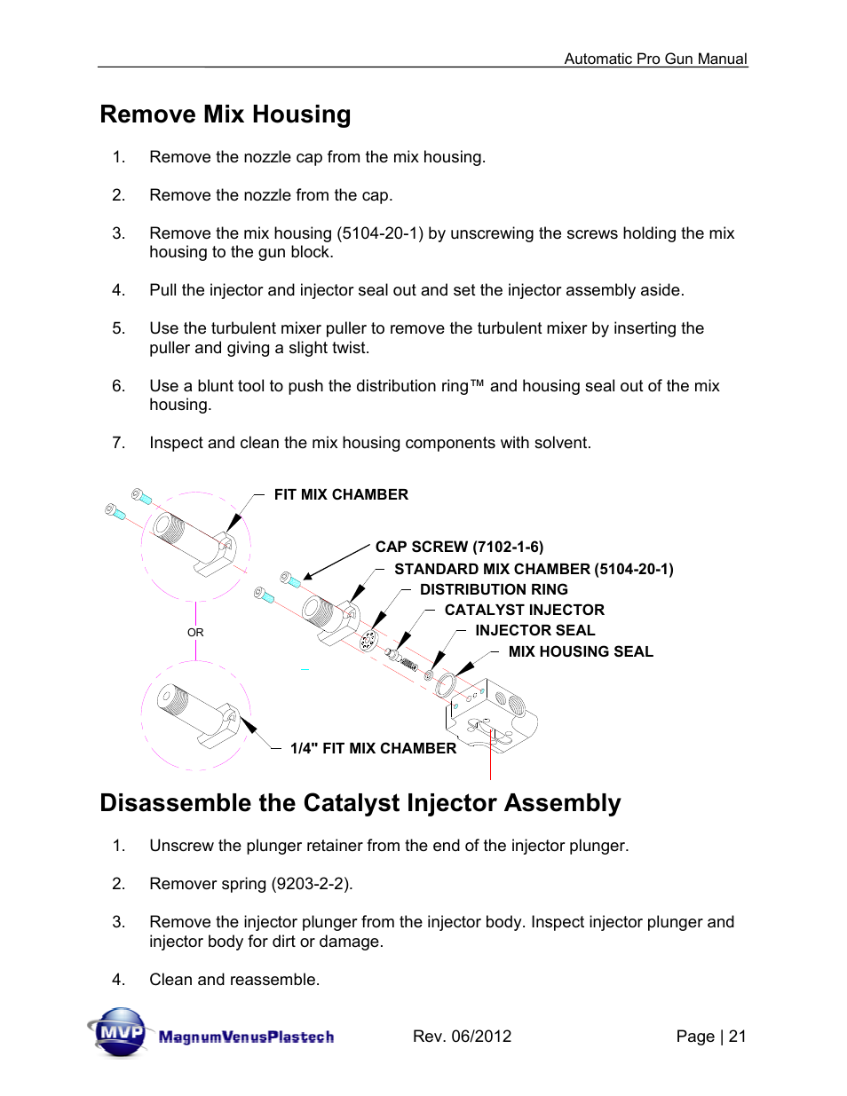 Remove mix housing, Disassemble the catalyst injector assembly | Magnum Venus Plastech Auto Pro Gun CPC_CPG_CPT_PRTM-DG User Manual | Page 21 / 85