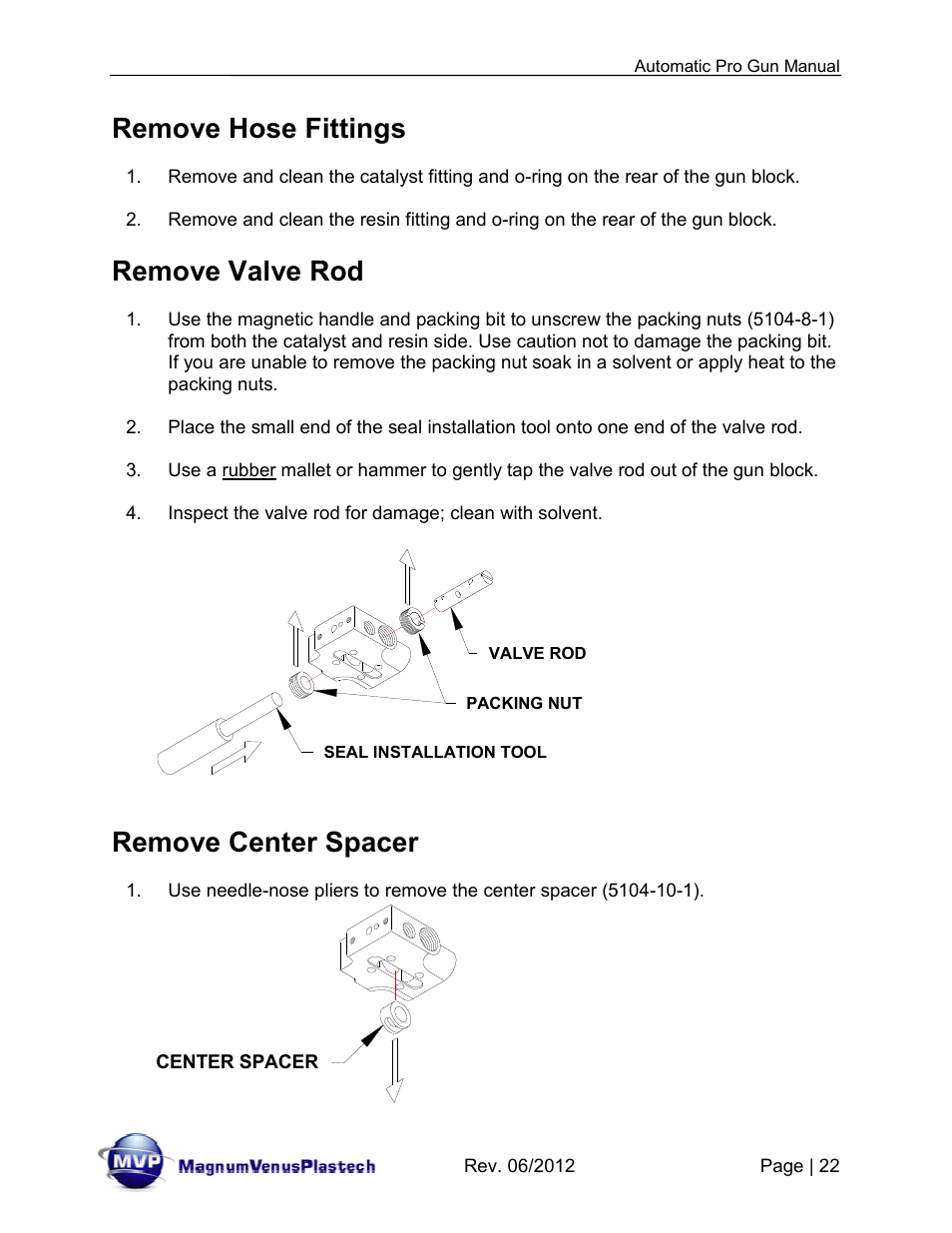 Remove hose fittings, Remove valve rod, Remove center spacer | Magnum Venus Plastech Auto Pro Gun CPC_CPG_CPT_PRTM-DG User Manual | Page 22 / 85