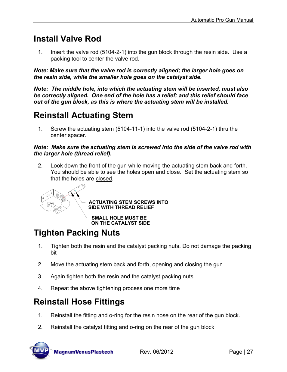 Install valve rod, Reinstall actuating stem, Tighten packing nuts | Reinstall hose fittings | Magnum Venus Plastech Auto Pro Gun CPC_CPG_CPT_PRTM-DG User Manual | Page 27 / 85