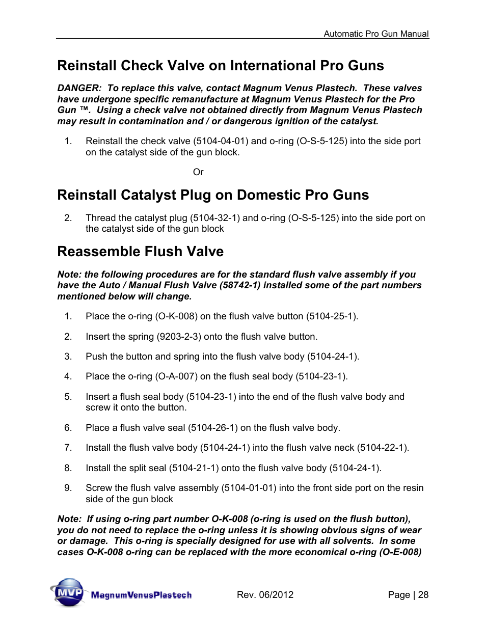 Reinstall check valve on international pro guns, Reinstall catalyst plug on domestic pro guns, Reassemble flush valve | Magnum Venus Plastech Auto Pro Gun CPC_CPG_CPT_PRTM-DG User Manual | Page 28 / 85