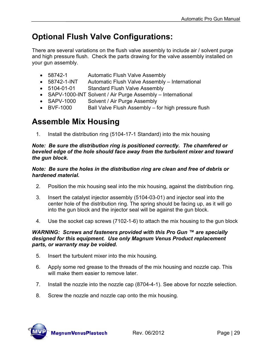 Optional flush valve configurations, Assemble mix housing | Magnum Venus Plastech Auto Pro Gun CPC_CPG_CPT_PRTM-DG User Manual | Page 29 / 85