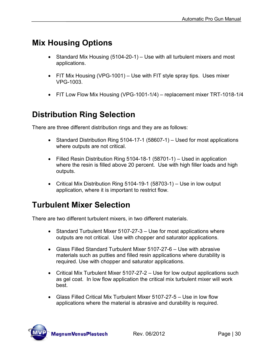 Mix housing options, Distribution ring selection, Turbulent mixer selection | Magnum Venus Plastech Auto Pro Gun CPC_CPG_CPT_PRTM-DG User Manual | Page 30 / 85