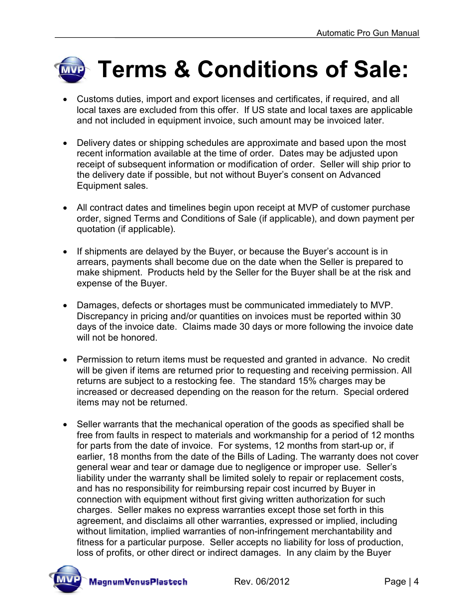 Terms & conditions of sale | Magnum Venus Plastech Auto Pro Gun CPC_CPG_CPT_PRTM-DG User Manual | Page 4 / 85