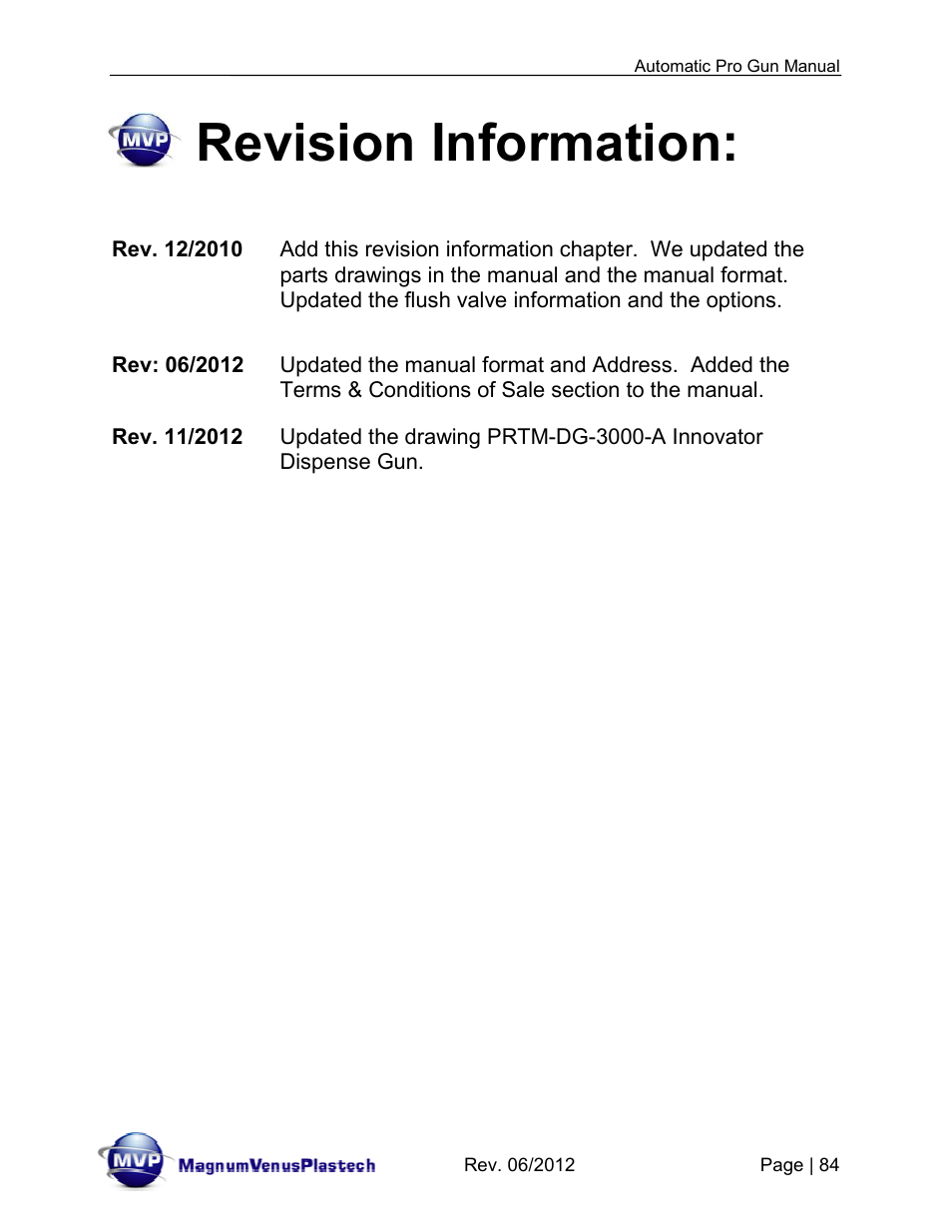 Revision information | Magnum Venus Plastech Auto Pro Gun CPC_CPG_CPT_PRTM-DG User Manual | Page 84 / 85